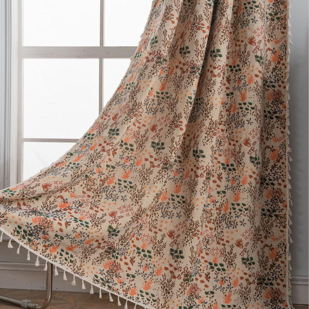 Curtains are opaque to light, colorful flowers, small fresh jacquard tassel, living room decoration, blocking curtain