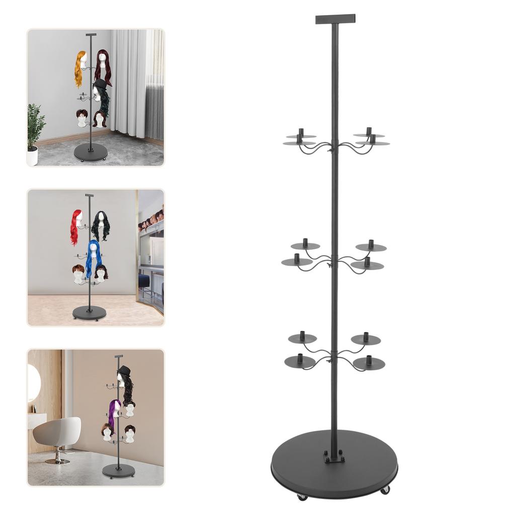 12-Head Iron Wig Holder,Pink/Black Cross Base/Round Base Freestanding Wig Display& Storage Rack 50*50*178cm for Hair Salons