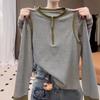 Spring and Autumn Half-zip Long-sleeved Everyday Versatile Cotton T-shirt Women's Autumn Contrasting Color Bottoming Shirt Top