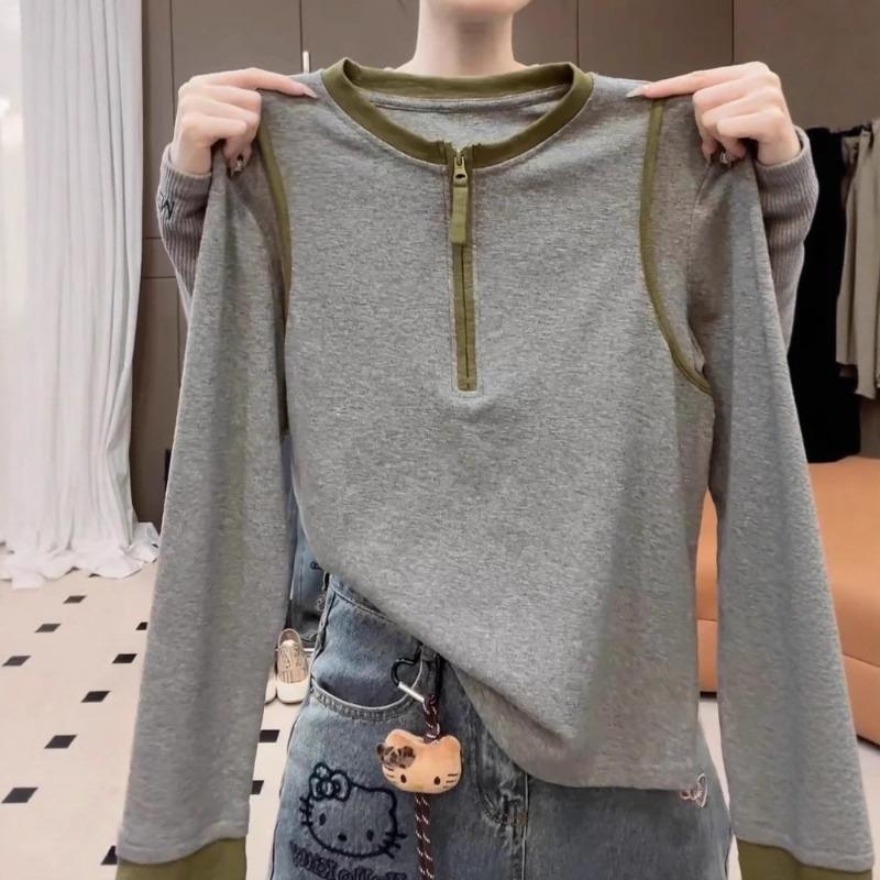 

Spring and Autumn Half-zip Long-sleeved Everyday Versatile Cotton T-shirt Women s Autumn Contrasting Color Bottoming Shirt Top M серый