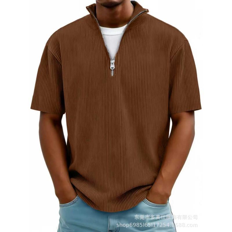 Summer New Men's Solid Color Zipper Striped Casual Short Sleeve T-Shirt