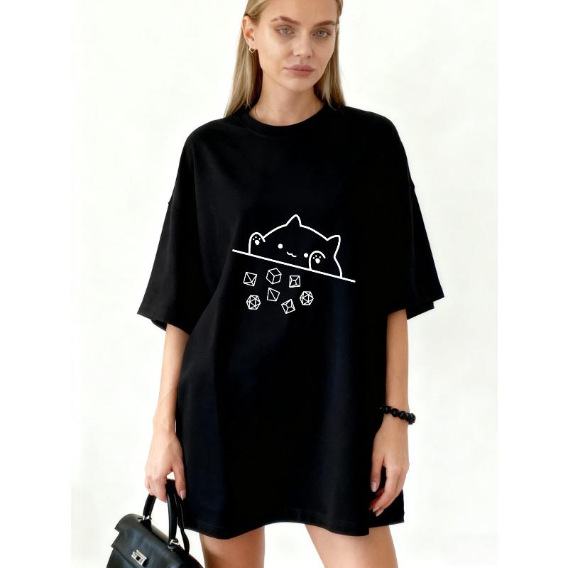 

Oversized T Shirt Dress Black Cat With Geometric Shapes Print Casual Streetwear For Women XXXXL чорний
