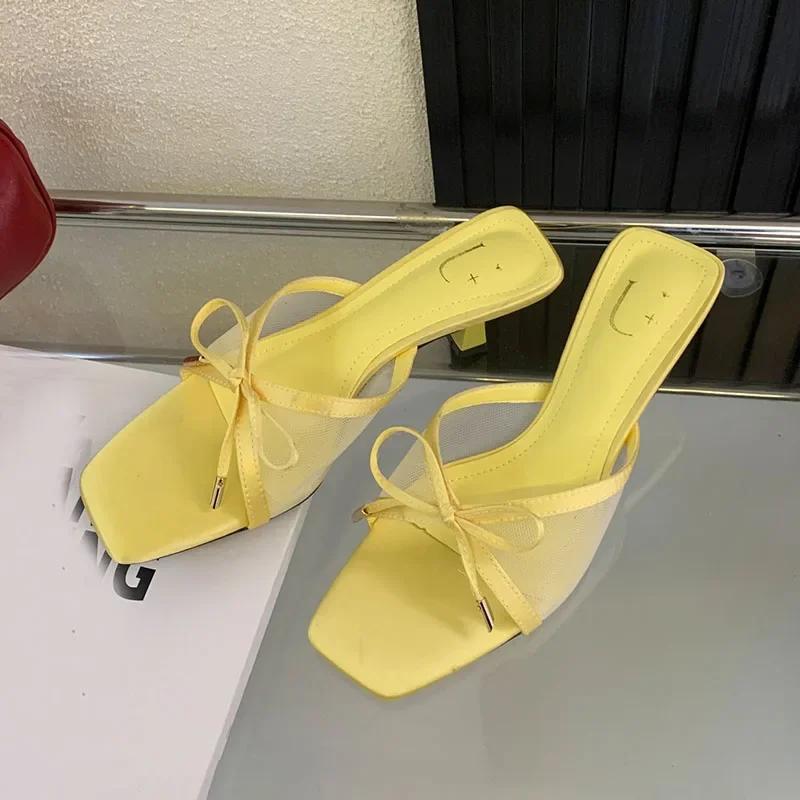 

Fashion Sweet Butterfly-knot Decoration Mesh Slippers Women Fashion Open Toe Square Toe Slide Sandal Luxury Designer Brand Sandals Women 39 жёлтый