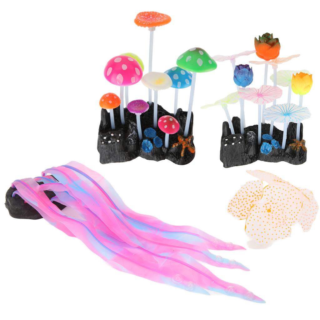 4 Pack Simulation Mushrooms Aquarium Decoration Coral Mushroom Soft Silicone Glow Plant