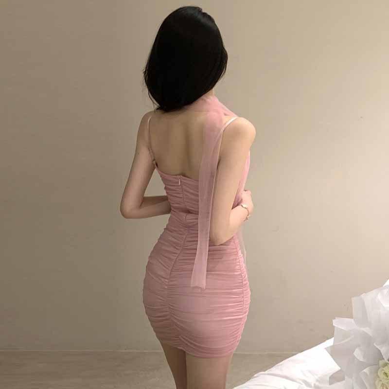 2025 Fashion New Women's Clothing Sweet and Sexy Backless Pleated Mesh Slim Dress