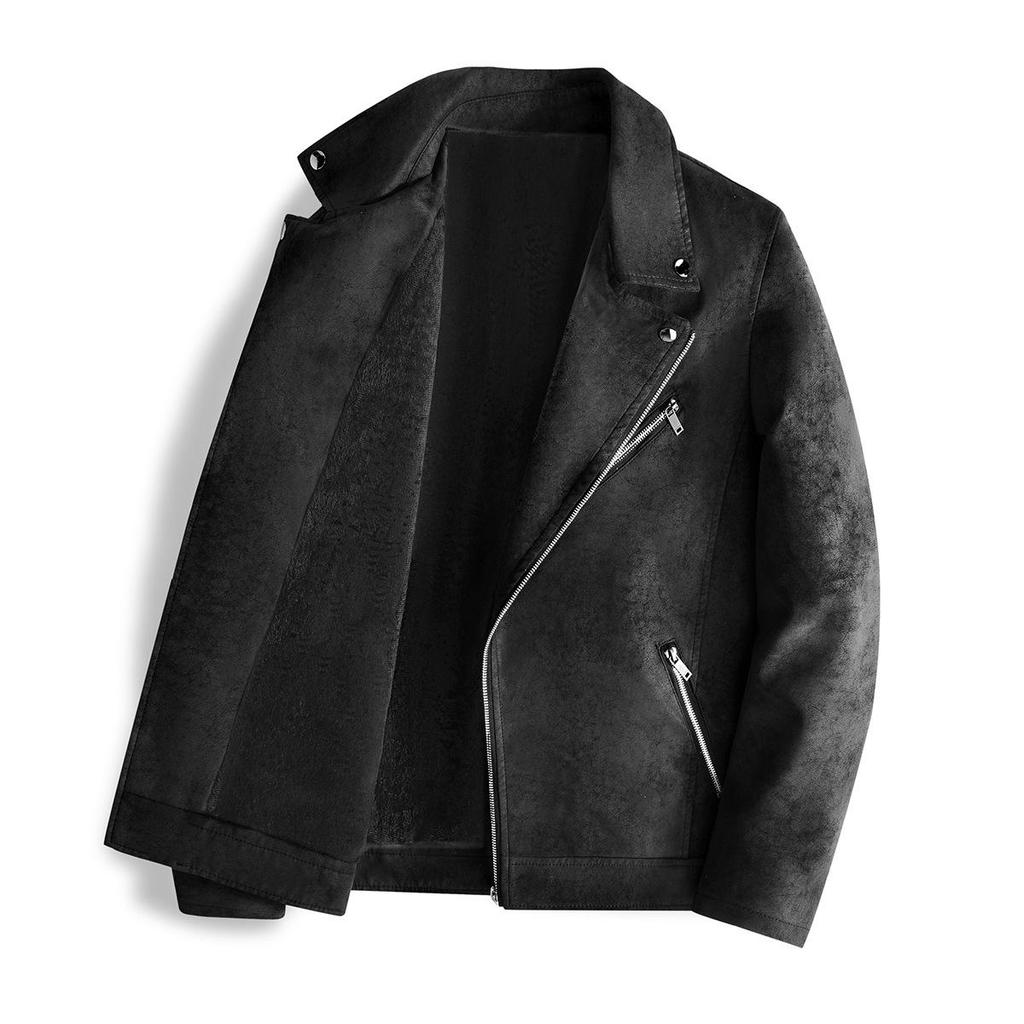 Retro Trendy Brand Leather Men's Jacket Autumn and Winter Solid Color Versatile Blue Popular Lapel Diagonal Zipper Slim Fit