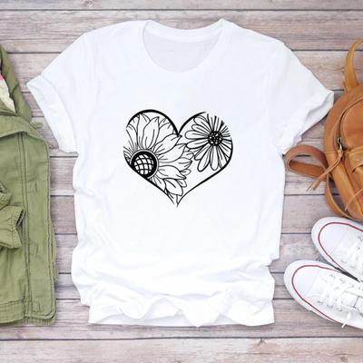 (Asian Size) Tee Top Women Love Heart Flower Floral Print Lady Clothing Casual Short Sleeve Fashion Tshirt  Female Graphic T-shirt