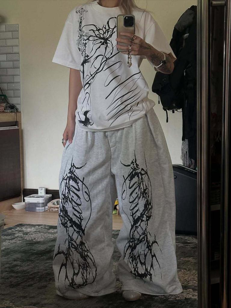 Y2K Japońska i Koreańska Retro Luźna Unikalna Koszulka z Okrągłym Dekoltem