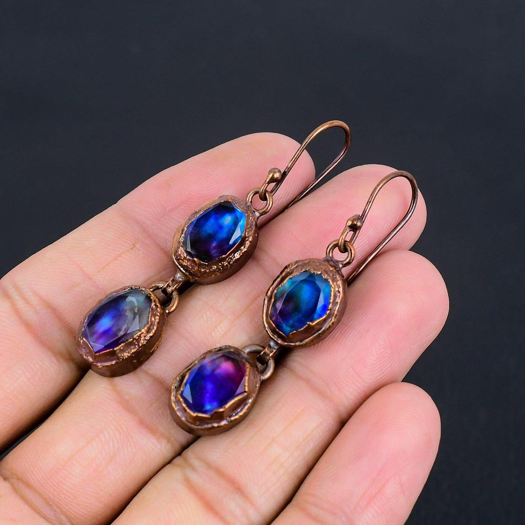 Ammolite Earrings Gemstone Jewelry, Copper Electroformed Handmade Earrings, Latest Design Jewelry