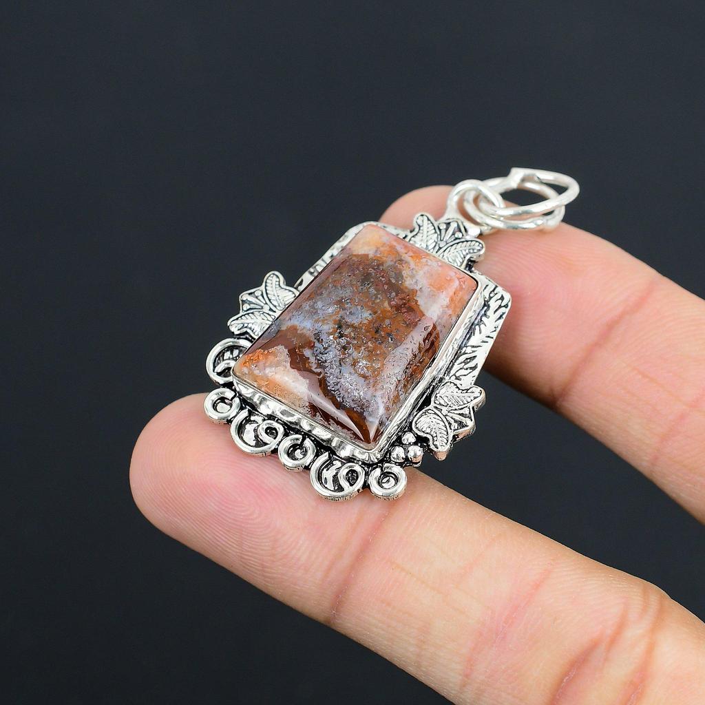 Natural Crazy Lace Agate Gemstone Pendant Red 925 Sterling Silver Indian Jewelry