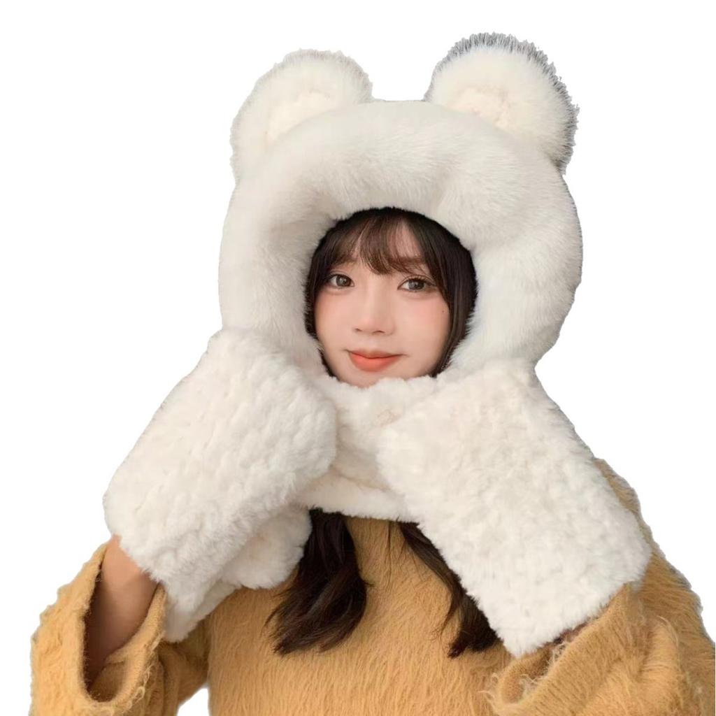 Bear Hat for Women In Autumn and Winter Autumn and Winter Plush Yarn Tie Neck Ear Protection Hat Scarf Gloves Three Piece Set