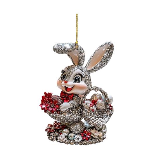 Acrylic Animal Car Pendant Easter Bunny Pendant, Cute Rabbit with Basket, 2D Party Hanging Decor Rearview Mirror Ornament, Bag Keychain Accessory,