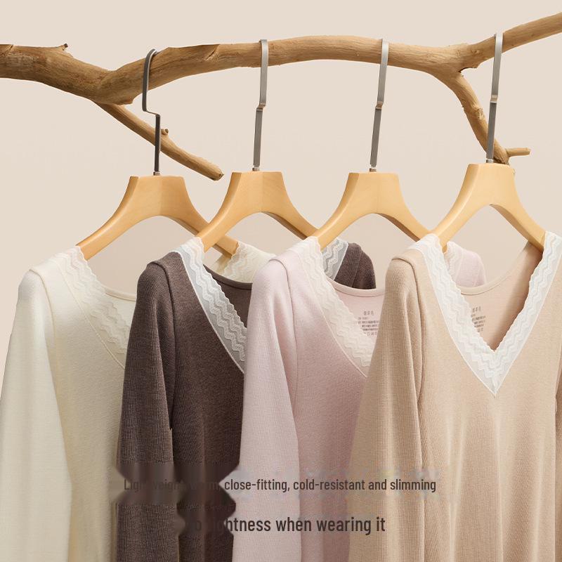 Women's V-Neck Wool Thermal Underwear Set – Seamless Slim Fit for Autumn Warmth
