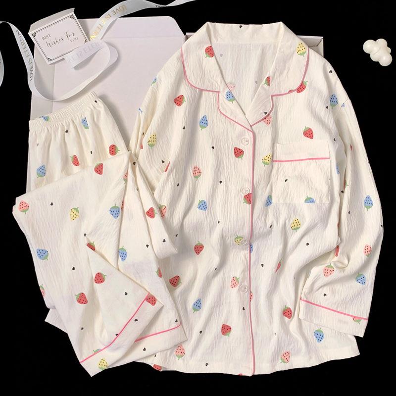 Spring And Autumn New Cloud Cotton Pajamas Women'S Long-Sleeved Sweet Strawberry Girl Cardigan Loungewear Set Real Shot