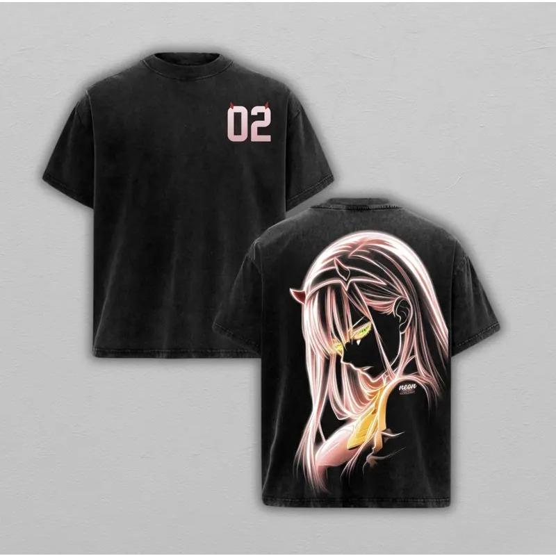 

Zero Two DARLING in the FRANXX Графическая футболка Мужская Женская Хлопковые футболки Винтажная стираная футболка Харадзюку Мужская Оверсайз футболка S чёрный
