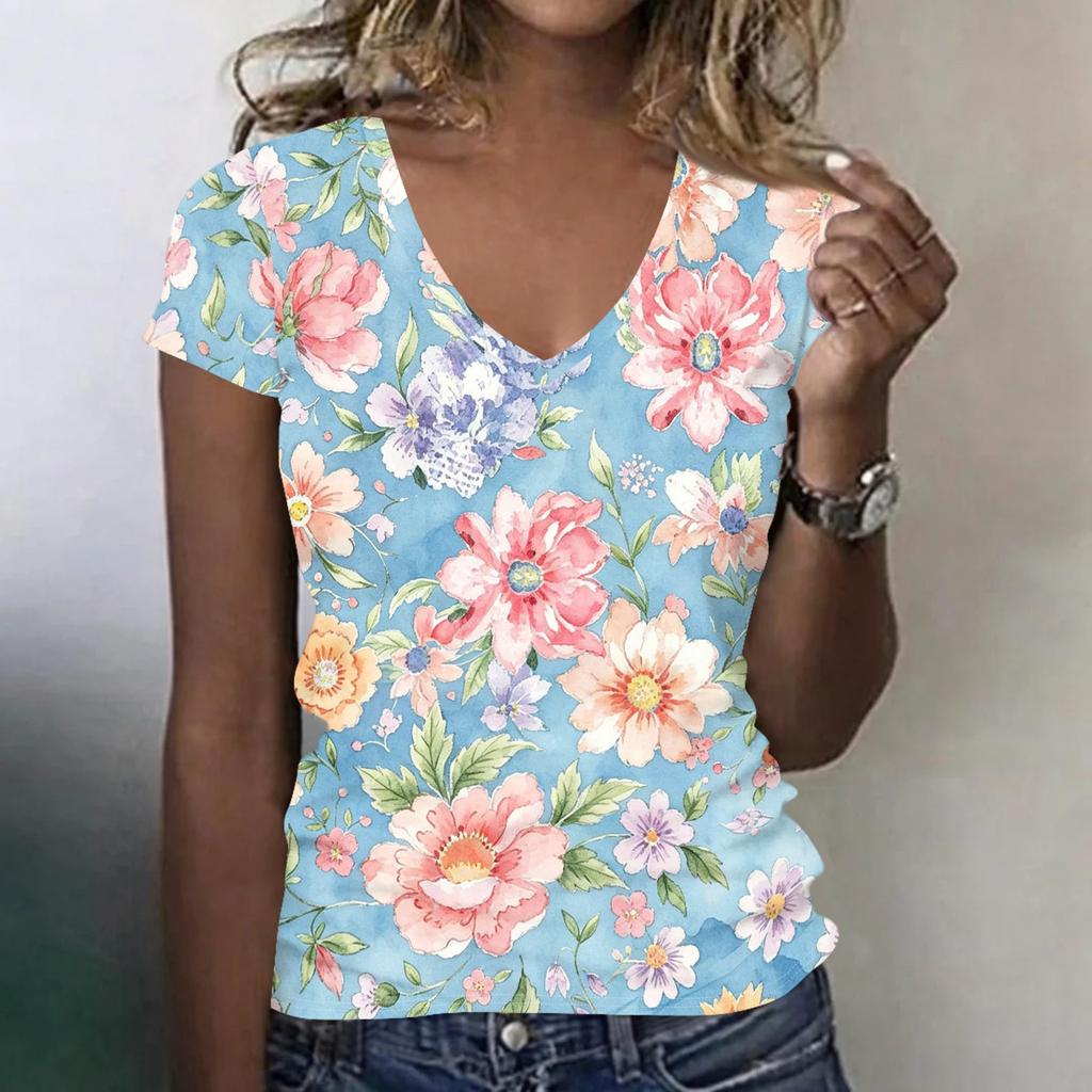 Damen V-Ausschnitt Kurzarm T-Shirt Blumendruck Lässig Lockerer Schnitt Leichtes Bequemes Oberteil für den täglichen Gebrauch