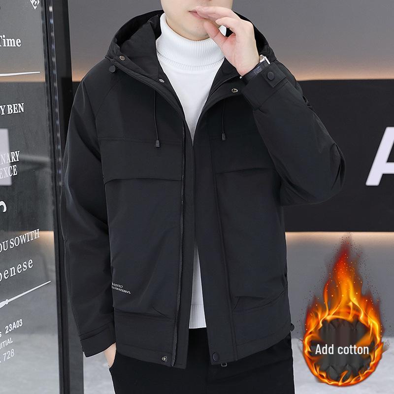 Herrjacka med huva, bomullsfodrad, vindtät, för höst och vinter