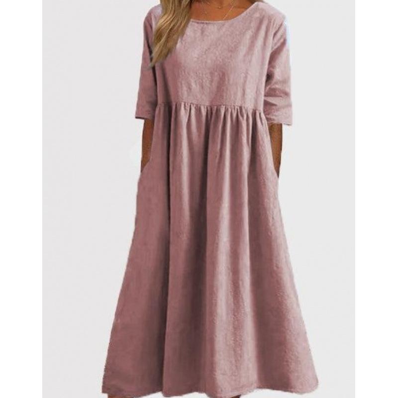 

Plus Size Round Neck Solid Pleated Pocket Loose Casual Midi Comfortable Dress S-5XL Lightweight Recognition Elegant with Flattering Chic Dress S розовый