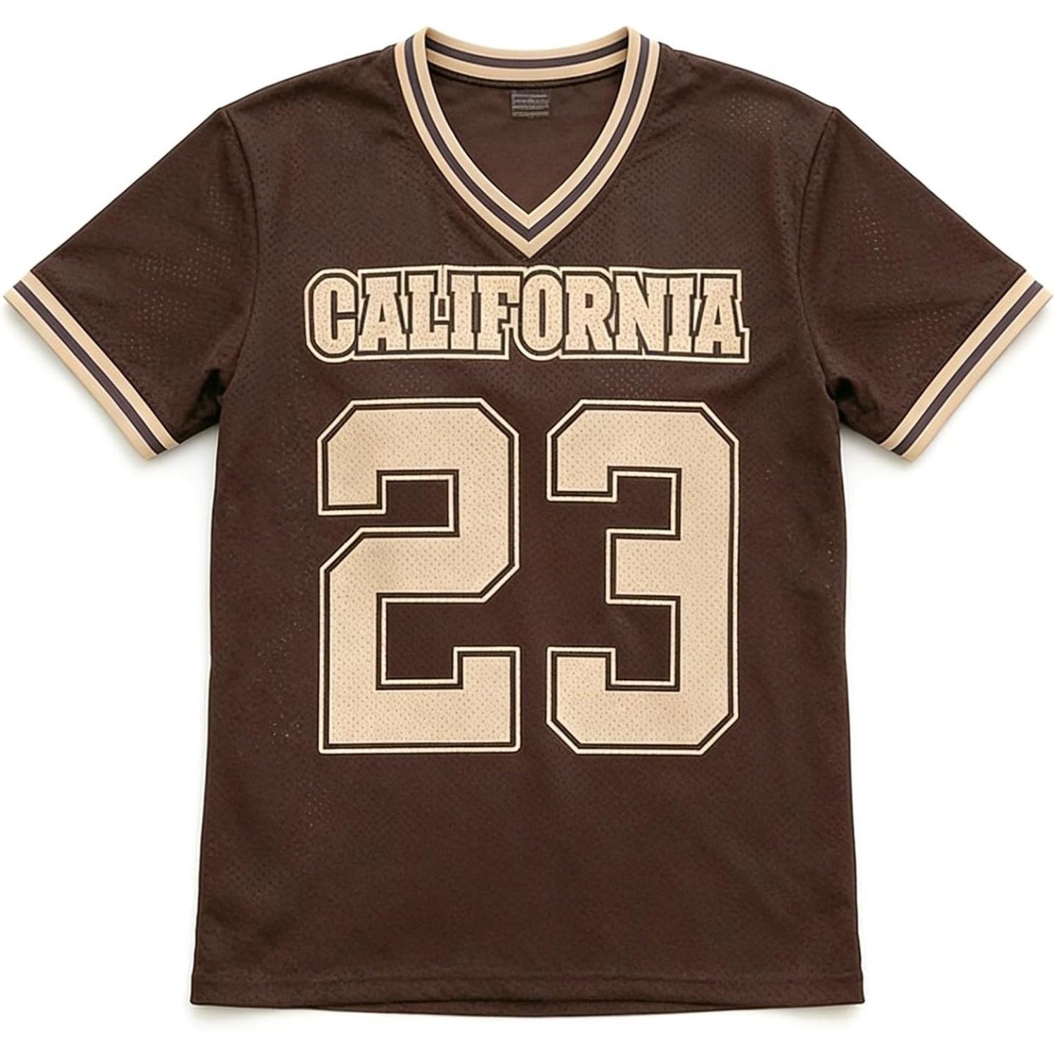 Unisex College-Style Oberteil mit Kalifornien 23 Aufdruck und V-Ausschnitt Kurzarmshirt im American Football Jersey Stil Lässiges Streetwear-Shirt für Männer und Frauen 5XL beige