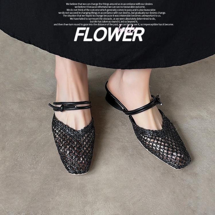 French woven hollow bag head sandals women's summer wear low heel word with Mary Jane Muller shoes empty half slippers