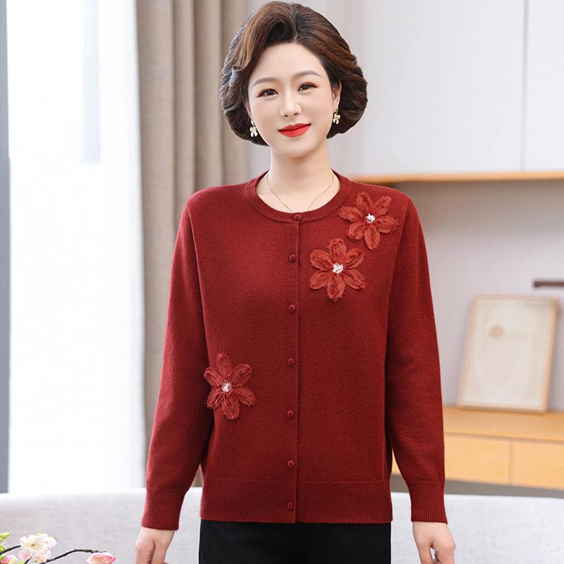 Embroidered Floral Knit Cardigan for Mothers: Stylish, Loose-Fit Wool Sweater Coat in Plus Sizes