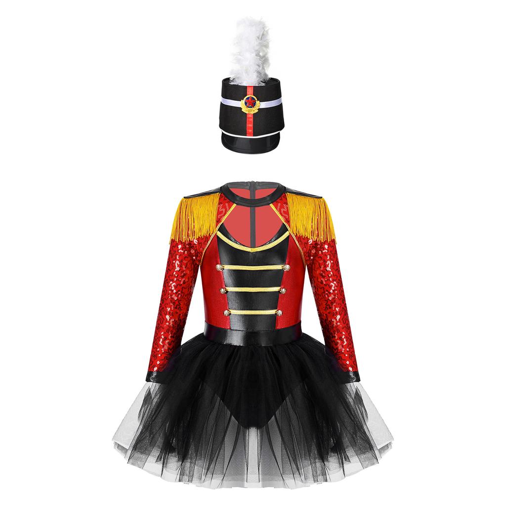 Kids Honor Guard Costume Long Sleeve Tassel Shoulder Zipper Tutu Leotard Feather Hat Ceremonial Dress Up Outfit