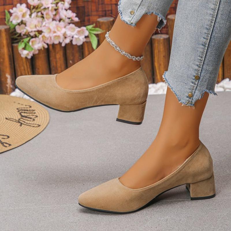 Big Women Suede Leather Shoes High Heels Ladies Dress Work Shoes Slip On Pumps Woman Square Heels Wedding Shoes