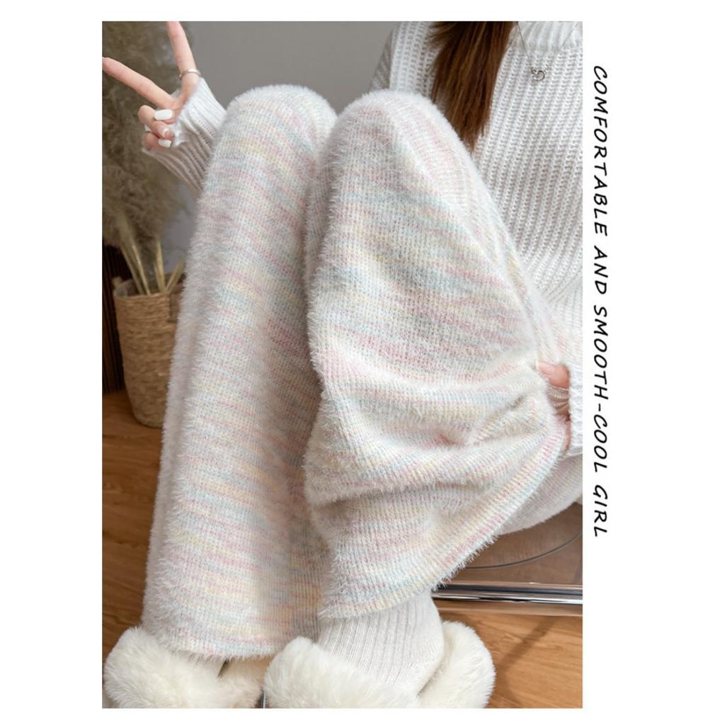 Dámské kalhoty s širokými nohavicemi s duhovými puntíky na podzim a zimu, kalhoty z lepkavé rýže s vysokým pasem a splývavým efektem, ležérní rovné trubkové silné vlněné kalhoty