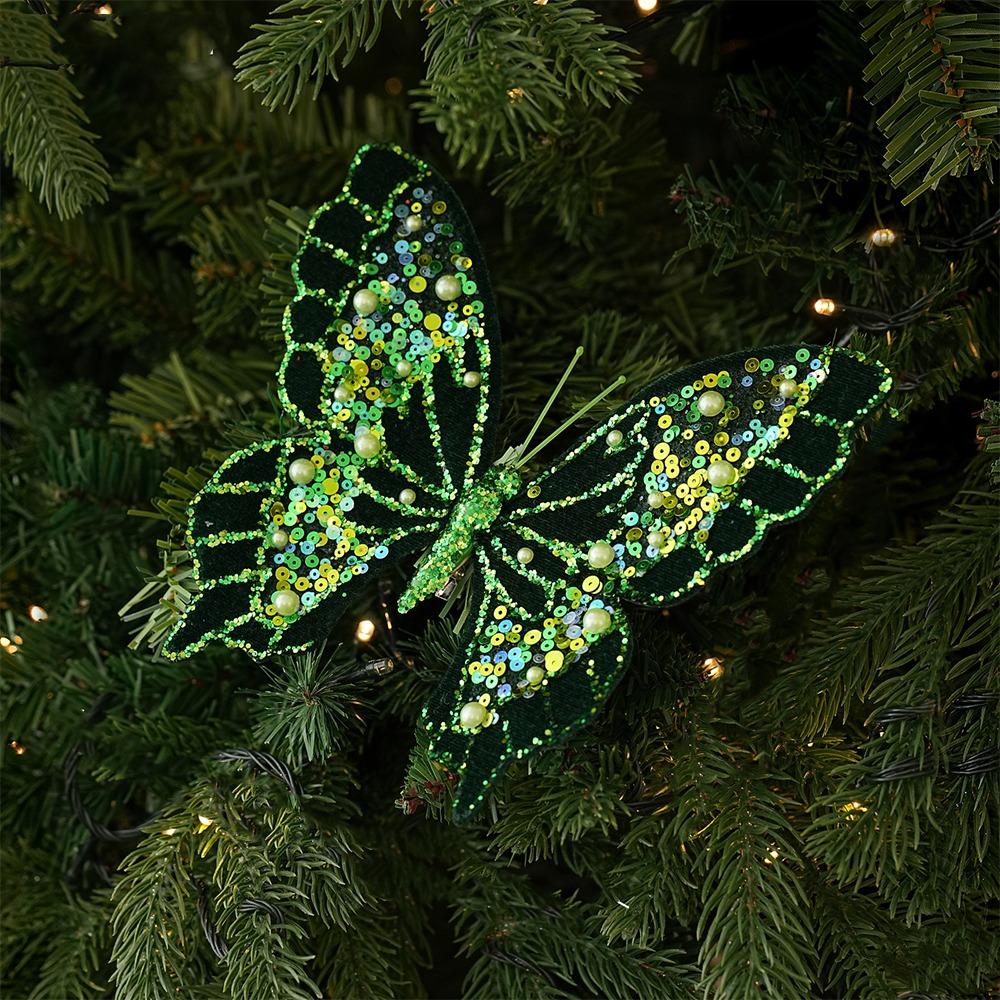 Clip-On Christmas Sequin Butterfly Ornament Pearl Christmas Butterfly Window Display