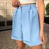 Women's Fashion Short Suit Pants Cuffed Buttons Pocket Zipper Solid Color Shorts