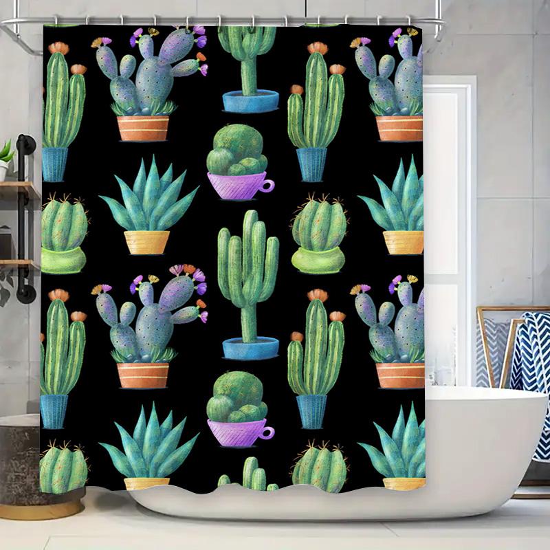 

Cactus Shower Curtain Decorative Bathroom Liner With Succulent Print Black Background, Purple Green Pots Size W72 X L84 Inches ( W60H190(CM)-1 Pcs
