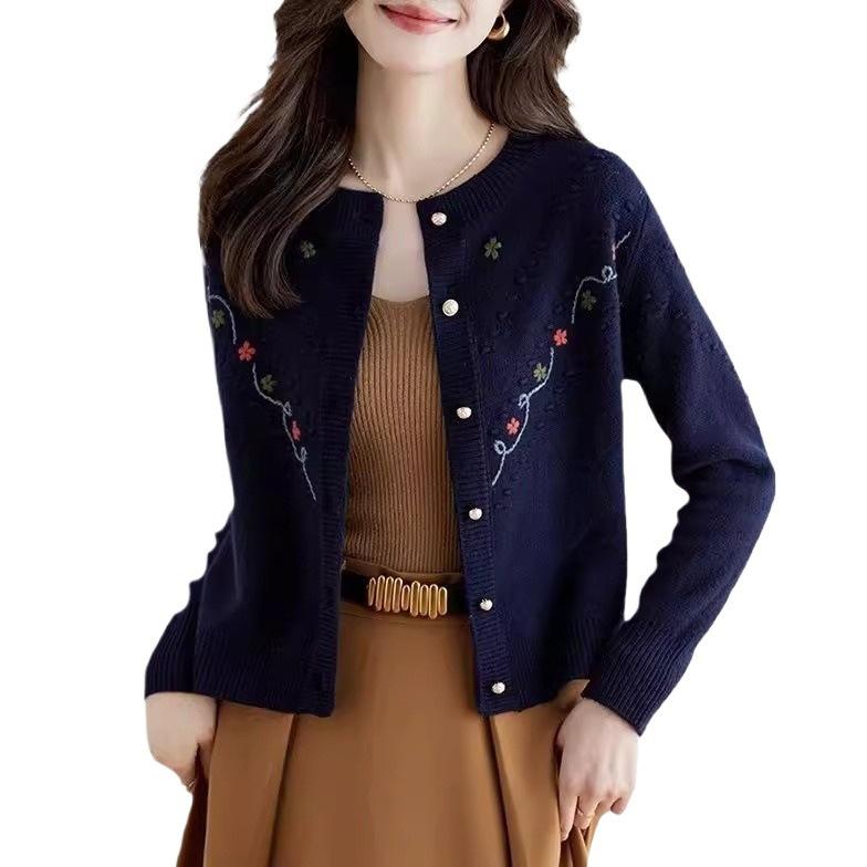 Autumn Embroidered Knitted Cardigan for Women Casual Loose and Versatile Long Sleeve Sweater Coat