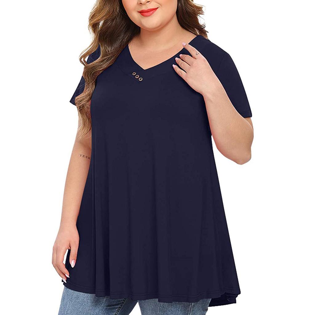Large Size Women V-neck Button Short-Sleeved Color Loose Pullover T-shirt