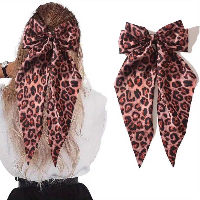 Vintage Leopard Print Bowknot Hairpin Long Ribbon Back Head Spring Clip Ponytail Headwear for Women Elegant Versatile Hairpin