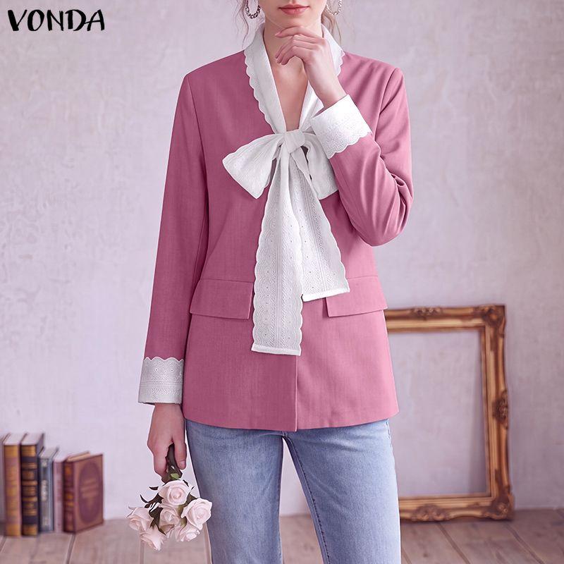 VONDA Women V-Neck Bow Lace Patchwork Long Sleeve Button Thin Cardigan Blazer