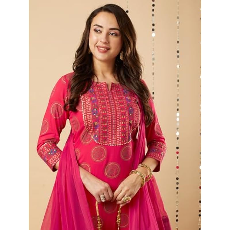 GoSriKi Women's Cotton Blend Printed Straight Kurta with Pant & Dupatta (NOV-Pink-GS_5XL_Pink_XXXXX-Large)