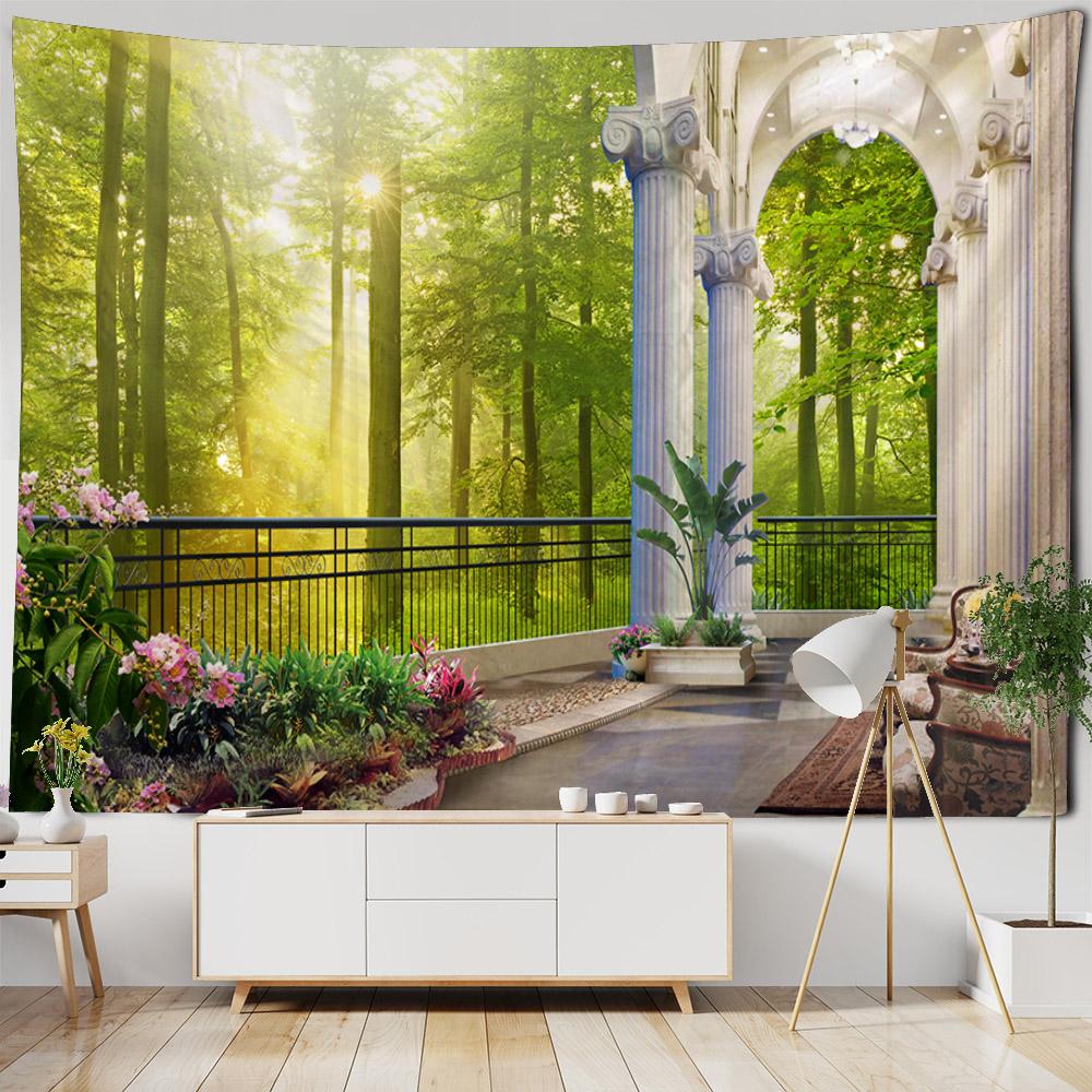3D Landscape Tapestry, European Balcony, Aesthetic Home Art Decoration, Wall Hanging, Bedroom Living Room Background Poster