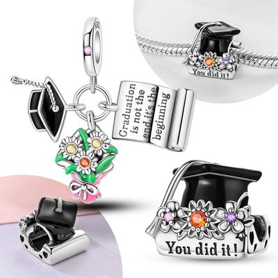 S925 Silver Graduation Season Bachelor Hat Charms Flower Sunflower Beads Fit Bracelets Jewelry Diy for Women Fine Gift