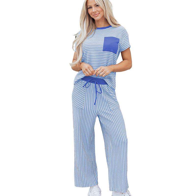 Shi Ying Women s Summer Short Sleeve Two-Piece Set: European-American Fashion, Versatile Striped Casual Wear Large