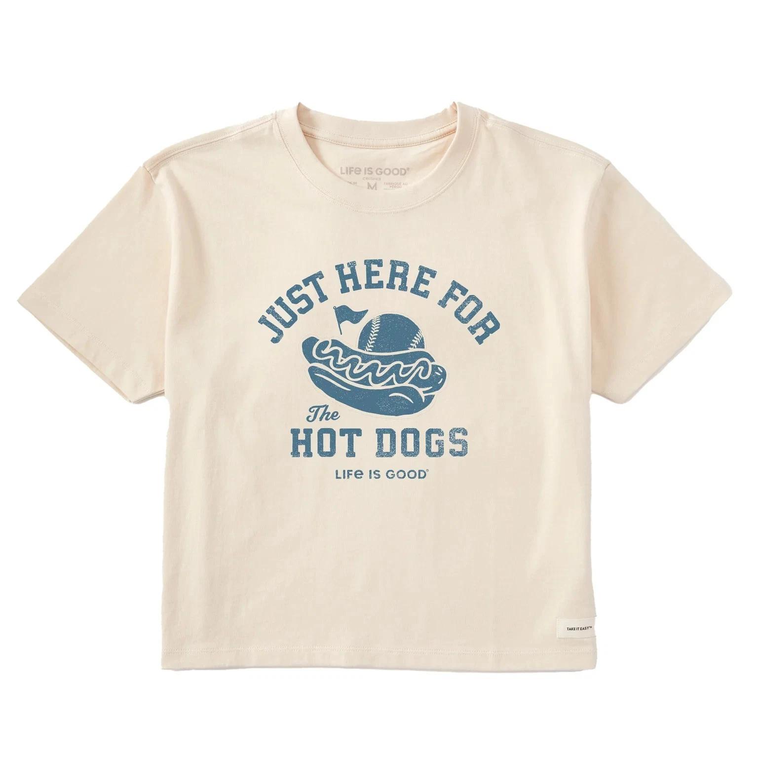 

Women s Here for the Hot Dogs Baseball Short Sleeve Crusher Boxy Tee Putty White L