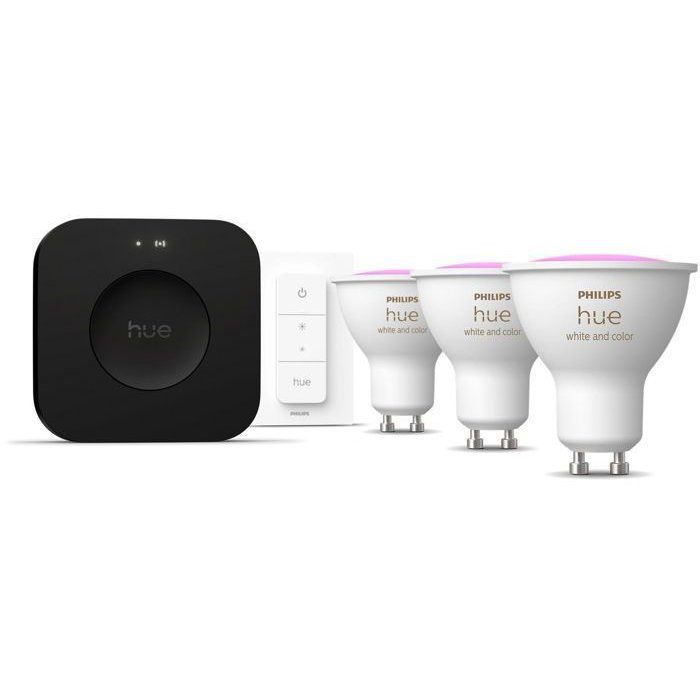 Starter-Kit - PHILIPS HUE - Weißes Licht und farbige Atmosphäre - 1 Bridge Pro + 3 3 GU10 Spots 400 Lumen + 1 Dimmschalter