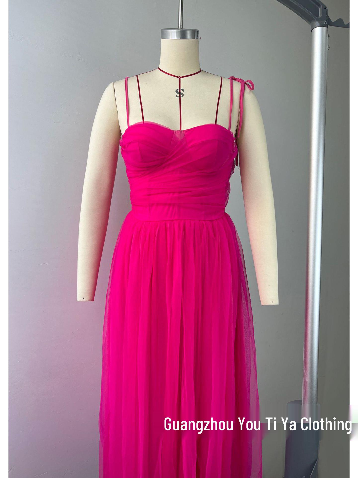 

Elegant Women s Cross-border Mesh Midi Dress with Camisole and Bowknot Details Extra Large рожевий червоний колір