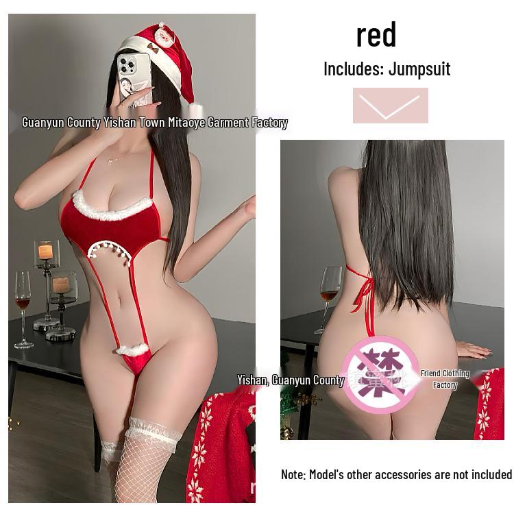 Red Plush Lace-up Halter Bodysuit - Festive Sexy Lingerie for Christmas & New Year