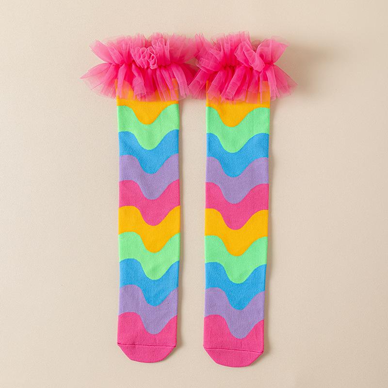 

Rainbow Color Patchwork Girls Stockings Ruffles Party Children Princess Socks Soft Kids Long Socks