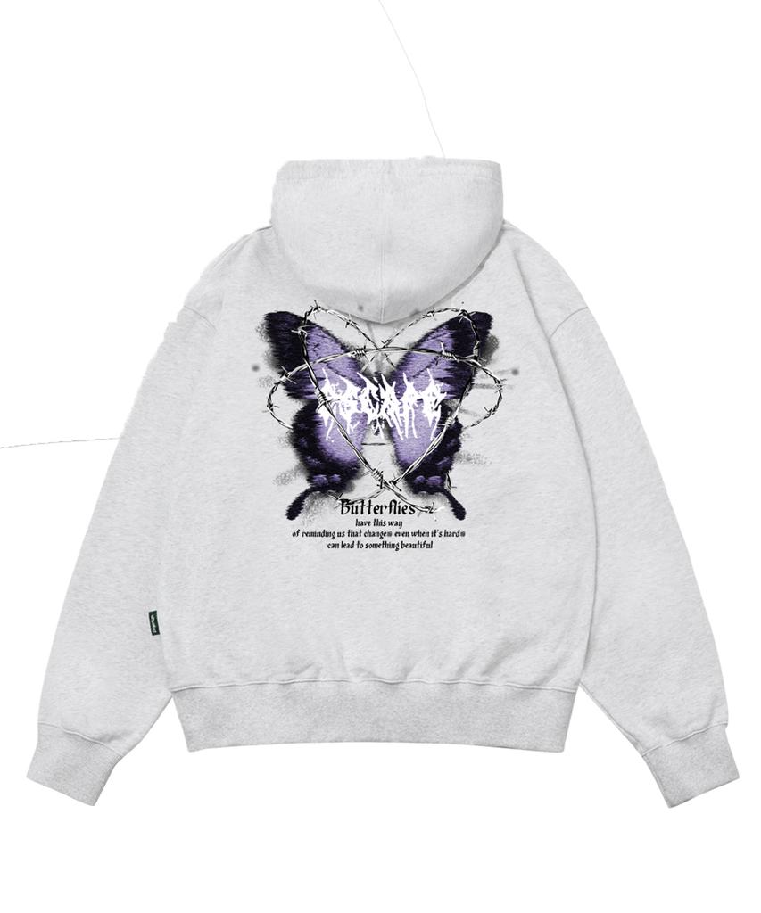 Escapefrom Thornbush Butterfly Print Two-Way Zip-Up Hoodie White Melange