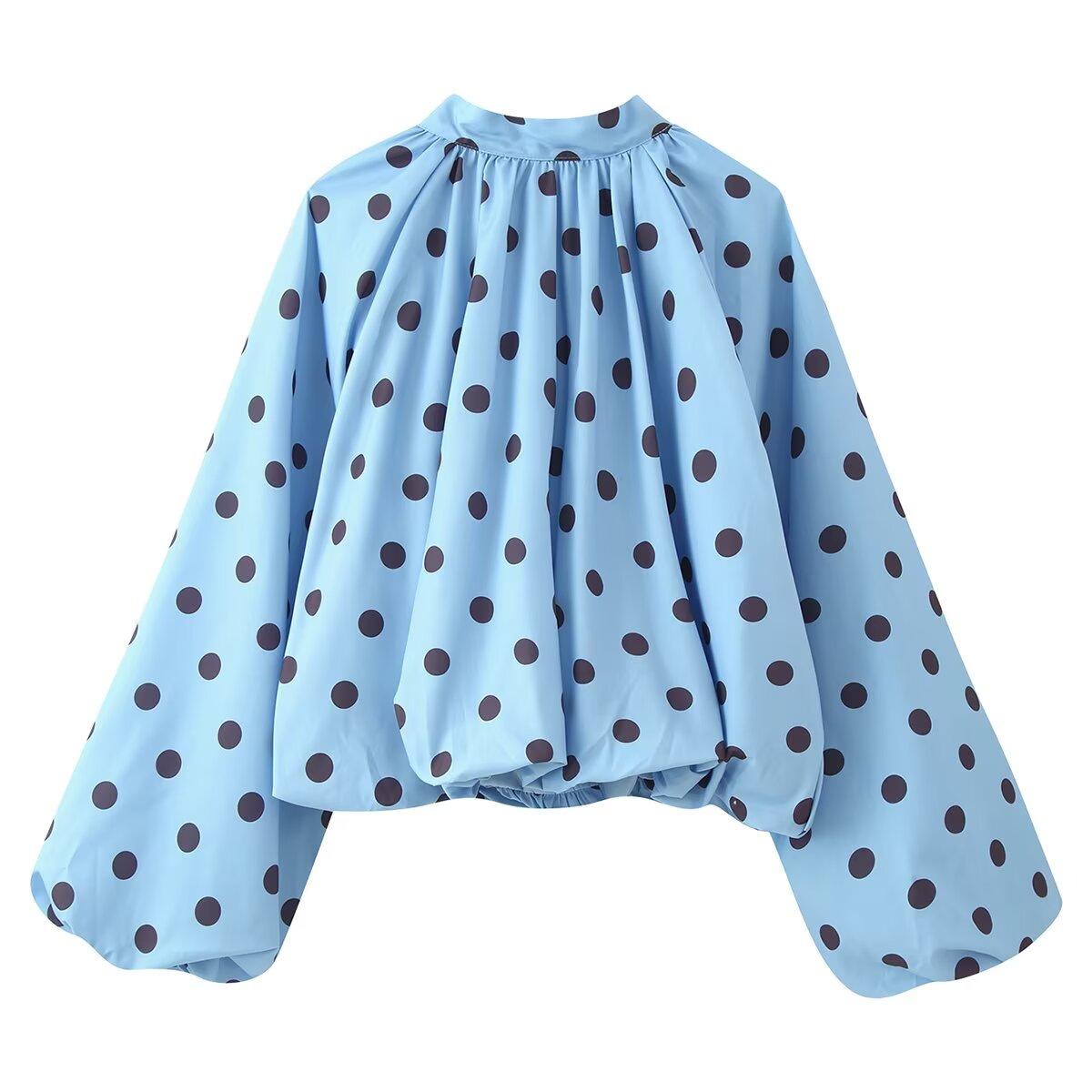 New French polka dot puff sleeve loose shirt for women, long-sleeve stylish commuter top for spring and summer S синий