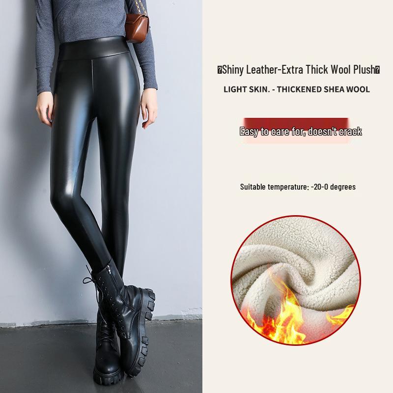 

Женские леггинсы из ПУ кожи с флисовой подкладкой и высокой талией - Утягивающие, больших размеров, эластичные, теплые брюки L (90-105 jin)