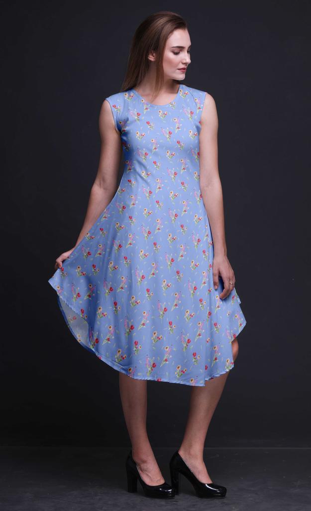 Bimba Blue Clover Leaves Floral Printed Ladies Sleeveless Round Neck Summer Dress Casual