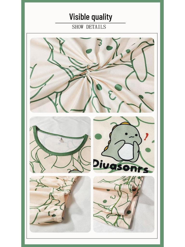 Women's Loose Summer Cartoon Pajama Set: Cute Short Sleeve Top & Long Pants for Spring/Autumn