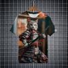 Fashion Japanese Samurai Cat  3D Print Men's short Sleeve T-shirt Fashion festival Crew Neck t shirt Tops polyester Men Clothing